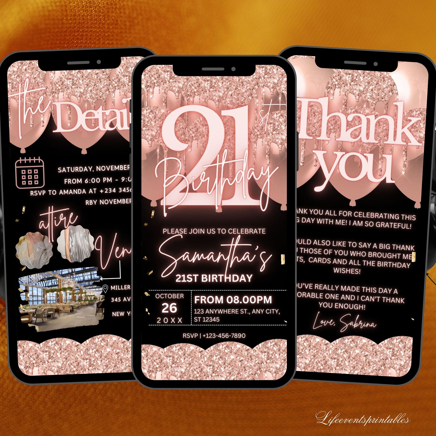 Digital 21ST Birthday Invitation Template For Her Rosegold, Animated Twenty First RoseGold Balloon Invite, Editable Pink Itinerary eCard