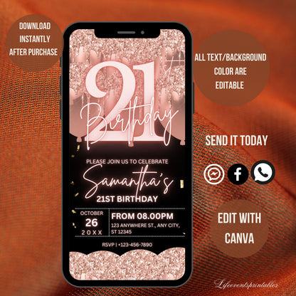 Digital 21ST Birthday Invitation Template For Her Rosegold, Animated Twenty First RoseGold Balloon Invite, Editable Pink Itinerary eCard