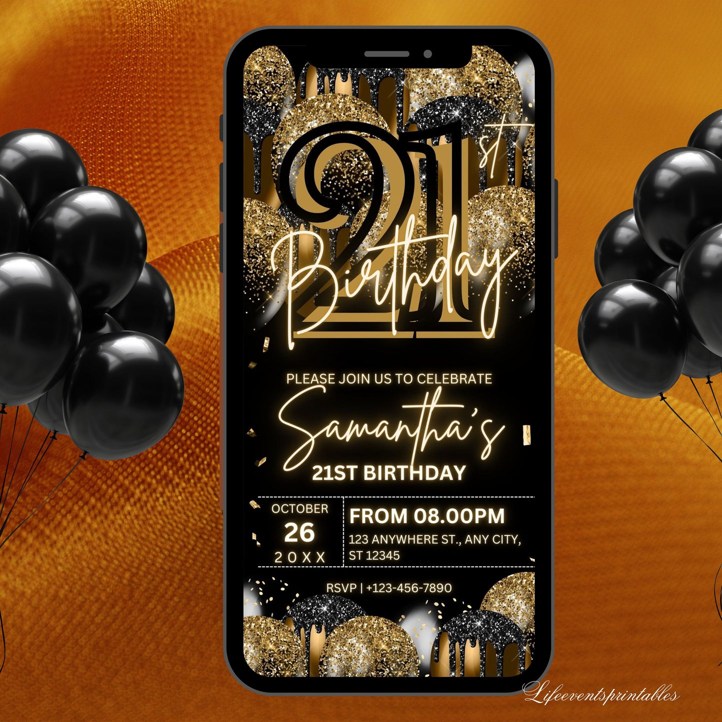 Digital 21ST Birthday Invitation Template For Her Gold, Animated Twenty First Black Gold Balloon Invite For Him, Editable Itinerary eCard