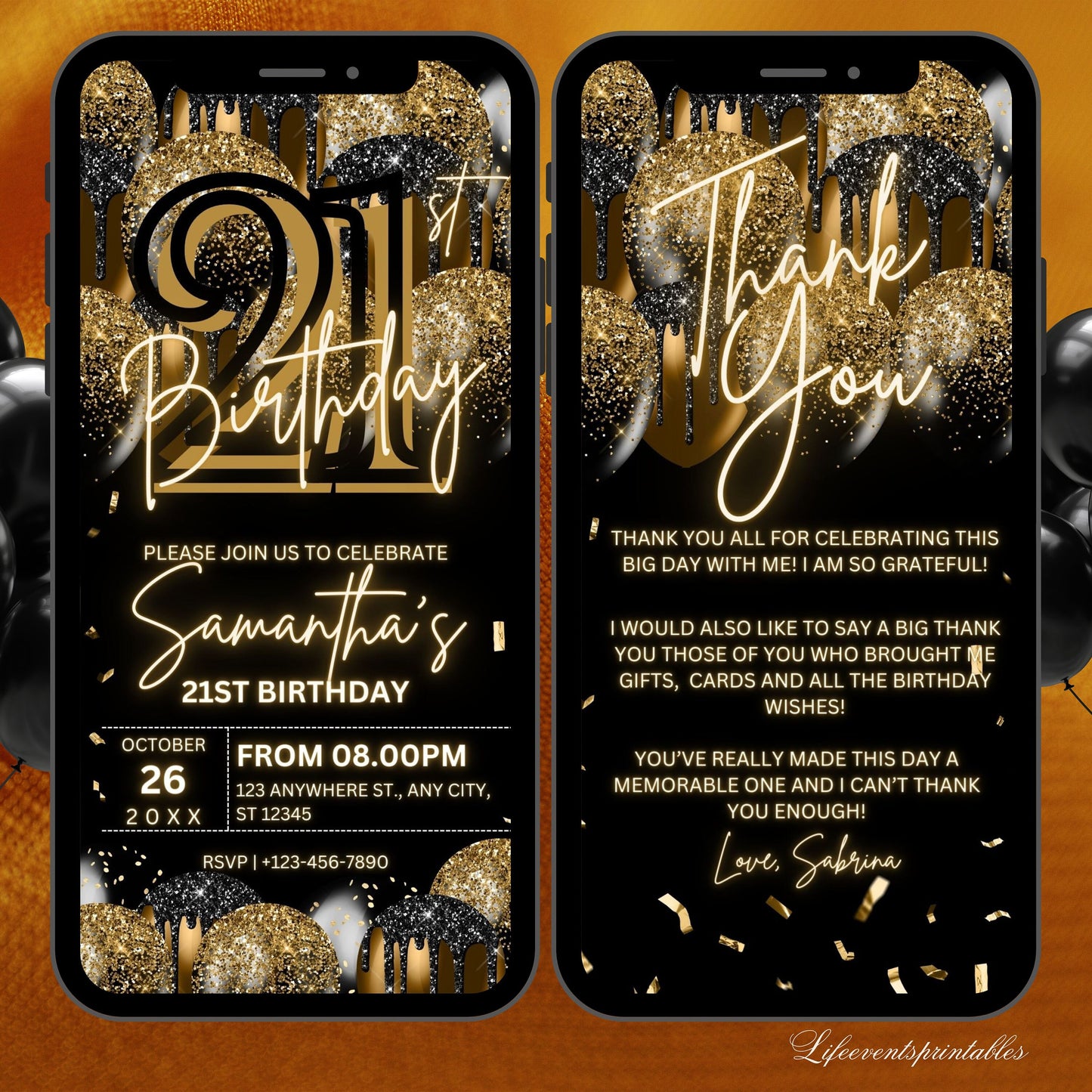 Digital 21ST Birthday Invitation Template For Her Gold, Animated Twenty First Black Gold Balloon Invite For Him, Editable Itinerary eCard