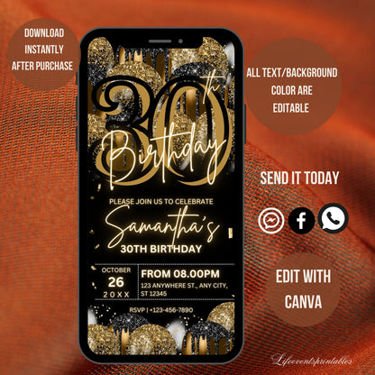 Digital 30th Birthday Invitation Template For Her Gold, Animated Thirtieth Black Gold Balloon Invite For Him, Editable  Itinerary eCard