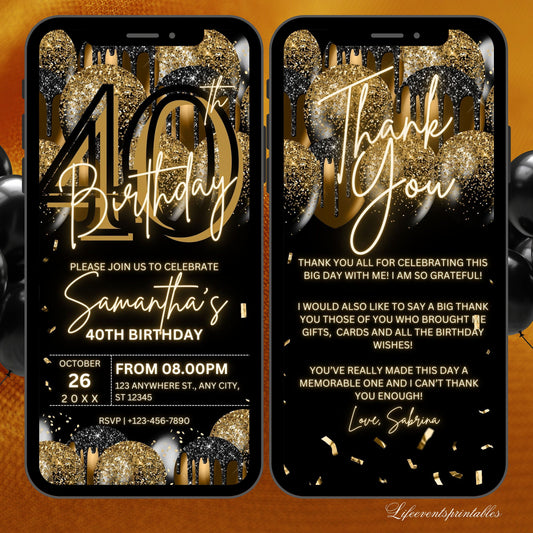 Digital 40th Birthday Invitation Template For Her Gold, Animated Fortieth Black Gold Balloon Invite For Him, Editable Itinerary eCard