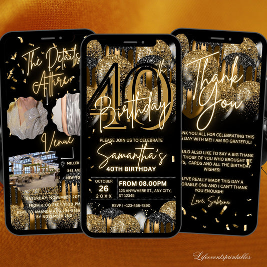 Digital 40th Birthday Invitation Template For Her Gold, Animated Fortieth Black Gold Balloon Invite For Him, Editable Itinerary eCard