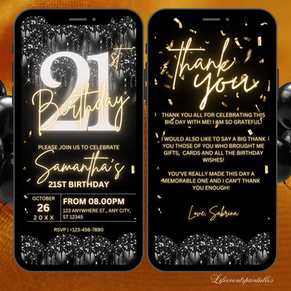 Digital 21ST Birthday Invitation Template For Her Gold, Animated Twenty First Black Gold Balloon Invite For Him, Editable Itinerary eCard