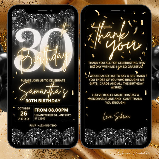 Digital 30th Birthday Invitation Template For Her Gold, Animated Thirtieth Black Gold Balloon Invite For Him, Editable  Itinerary eCard