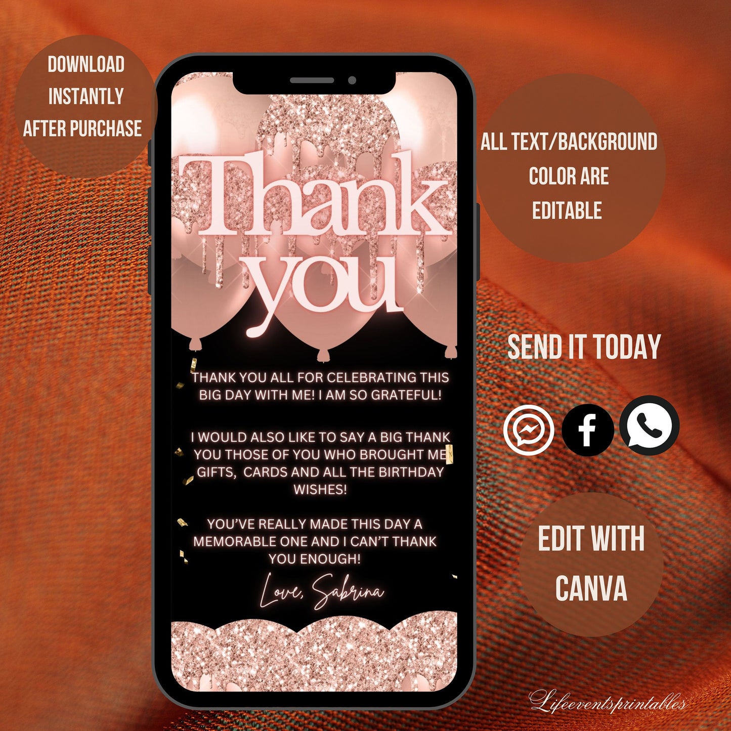 Rosegold Surprise Birthday invite for her, Surprise neon Birthday party invite, Blush Balloon Text Message Invitation, Mobile Phone invite