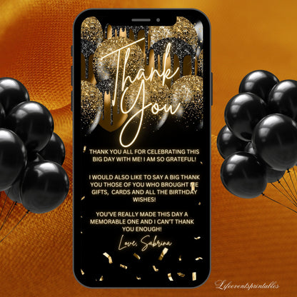 Black gold Surprise Birthday invite for her, Surprise neon Birthday party invite, Gold Balloon Text Message Invitation, Mobile Phone invite