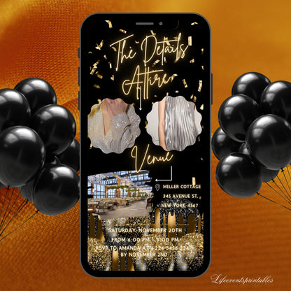 Black gold Surprise Birthday invite for her, Surprise neon Birthday party invite, Gold Balloon Text Message Invitation, Mobile Phone invite