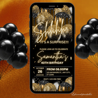 Black gold Surprise Birthday invite for her, Surprise neon Birthday party invite, Gold Balloon Text Message Invitation, Mobile Phone invite