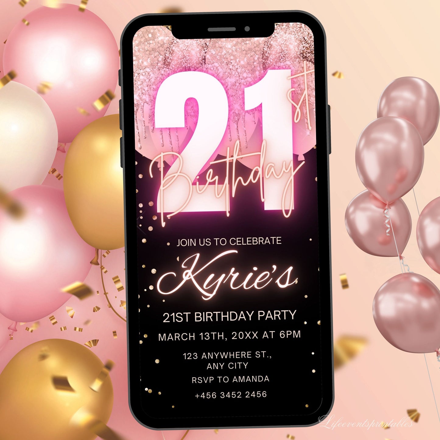 Digital 21ST Birthday Invitation Template For Her Rosegold, Animated Twenty First RoseGold Balloon Invite, Editable Pink Itinerary eCard