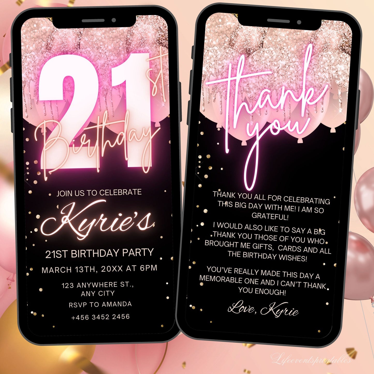 Digital 21ST Birthday Invitation Template For Her Rosegold, Animated Twenty First RoseGold Balloon Invite, Editable Pink Itinerary eCard