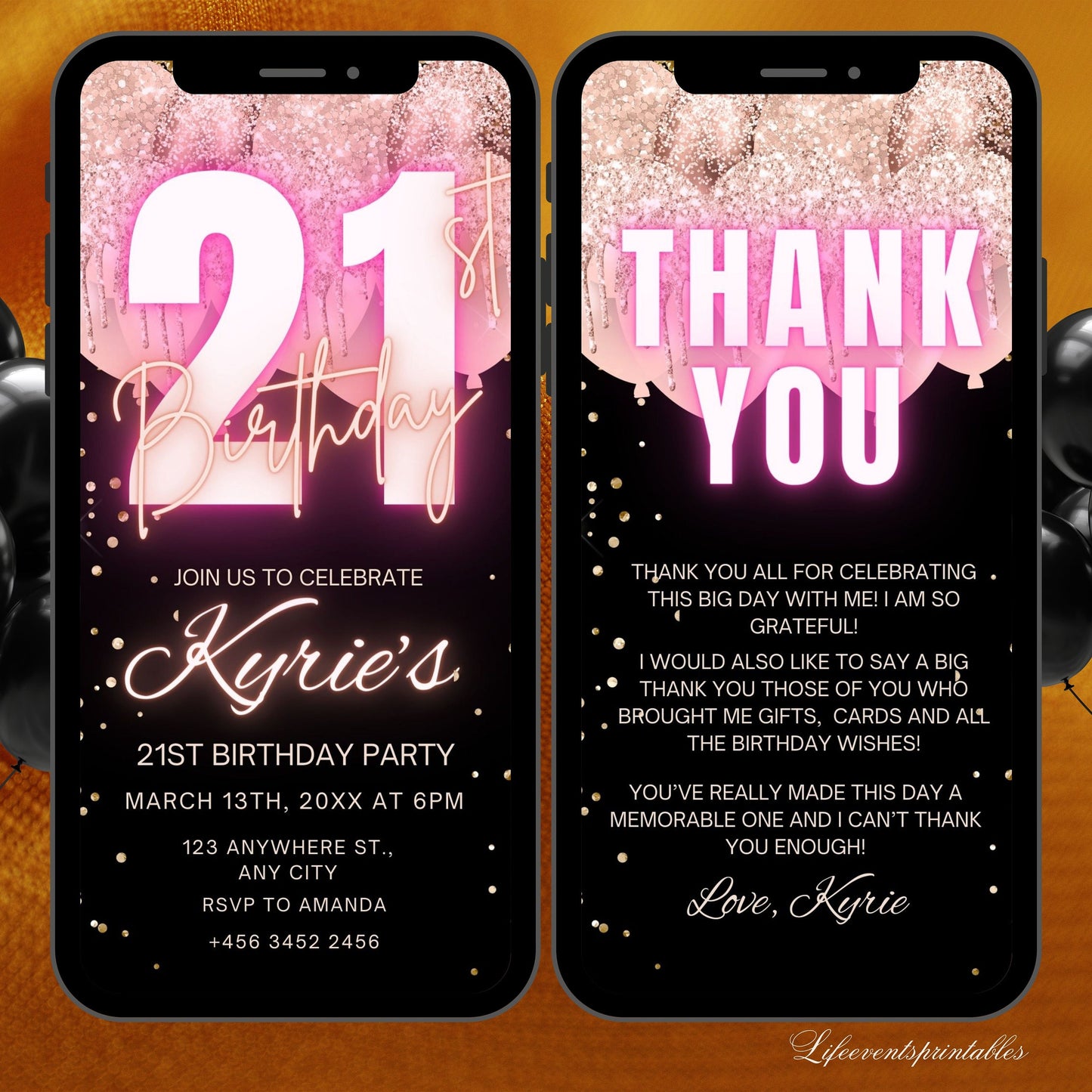 Digital 21ST Birthday Invitation Template For Her Rosegold, Animated Twenty First RoseGold Balloon Invite, Editable Pink Itinerary eCard