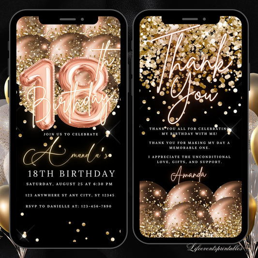 Digital 18th Birthday Invitation Template, Electronic 18th Party Invite, Rose Gold Neon Text Evite, Digital Invite Glitter, Birthday Party