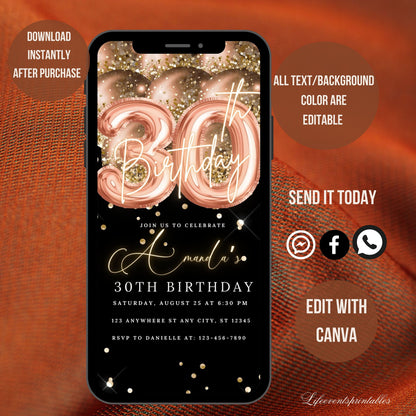 Thirty Birthday Invitation, 30th Birthday invite, Thirtieth E-Invite Template, Text Message Invitation, Digital Invite, Mobile Phone Evite