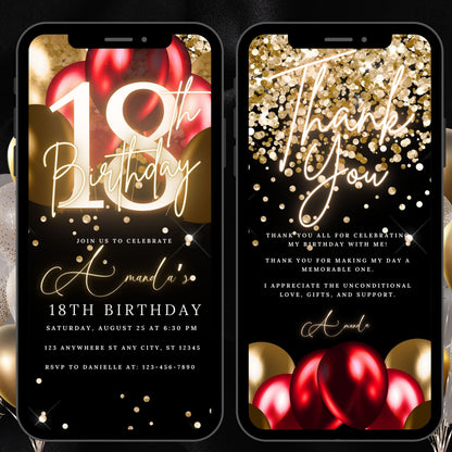 Digital 18th Birthday Invitation Template, Electronic 18th Party Invite, Rose Gold Neon Text Evite, Digital Invite Glitter, Birthday Party