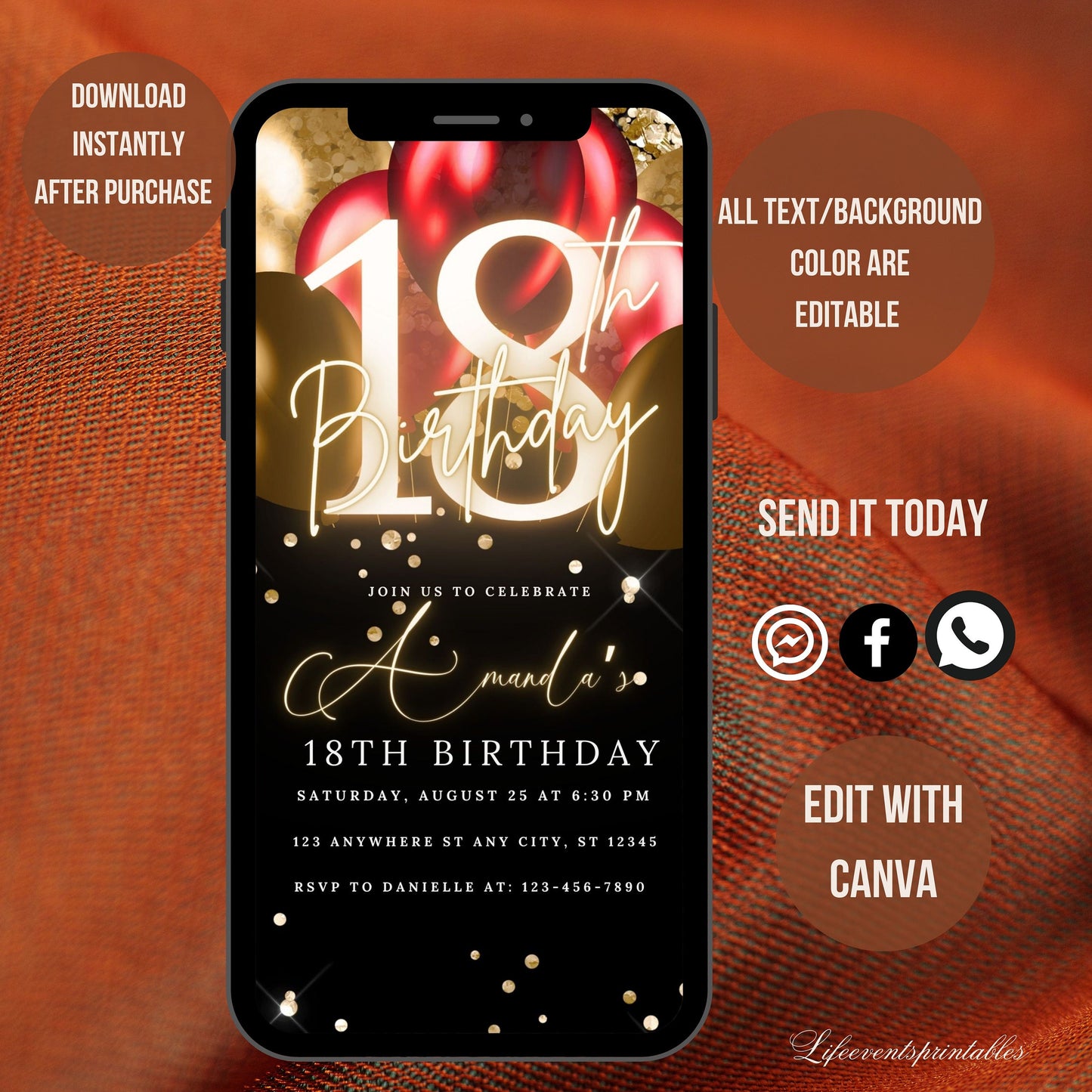 Digital 18th Birthday Invitation Template, Electronic 18th Party Invite, Rose Gold Neon Text Evite, Digital Invite Glitter, Birthday Party