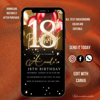 Digital 18th Birthday Invitation Template, Electronic 18th Party Invite, Rose Gold Neon Text Evite, Digital Invite Glitter, Birthday Party