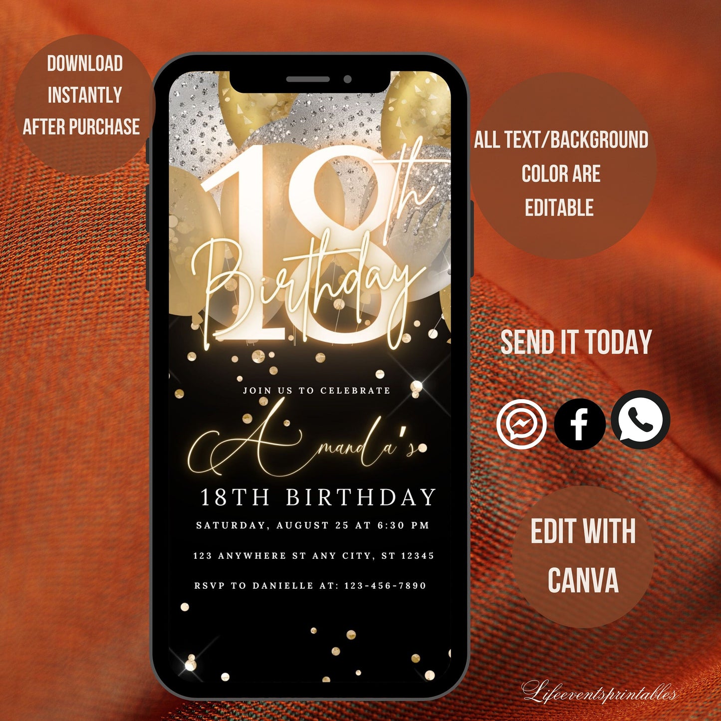 Digital 18th Birthday Invitation Template, Electronic 18th Party Invite, Rose Gold Neon Text Evite, Digital Invite Glitter, Birthday Party