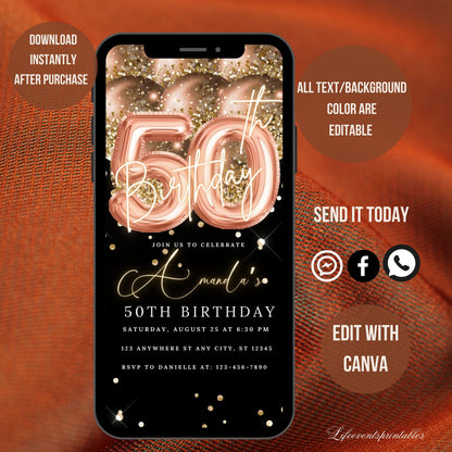 Digital 50th Birthday Invitation For Women, Editable 50th Invite Evite, Virtual Rustic Fifty Party Invite For Her, Birthday Invite For Her