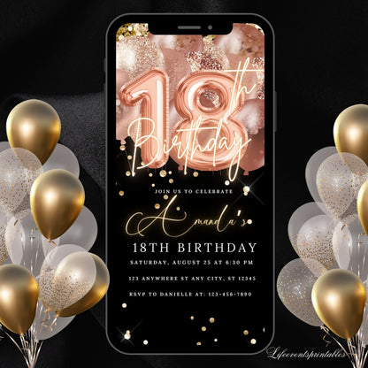 Digital 18th Birthday Invitation Template, Electronic 18th Party Invite, Rose Gold Neon Text Evite, Digital Invite Glitter, Birthday Party