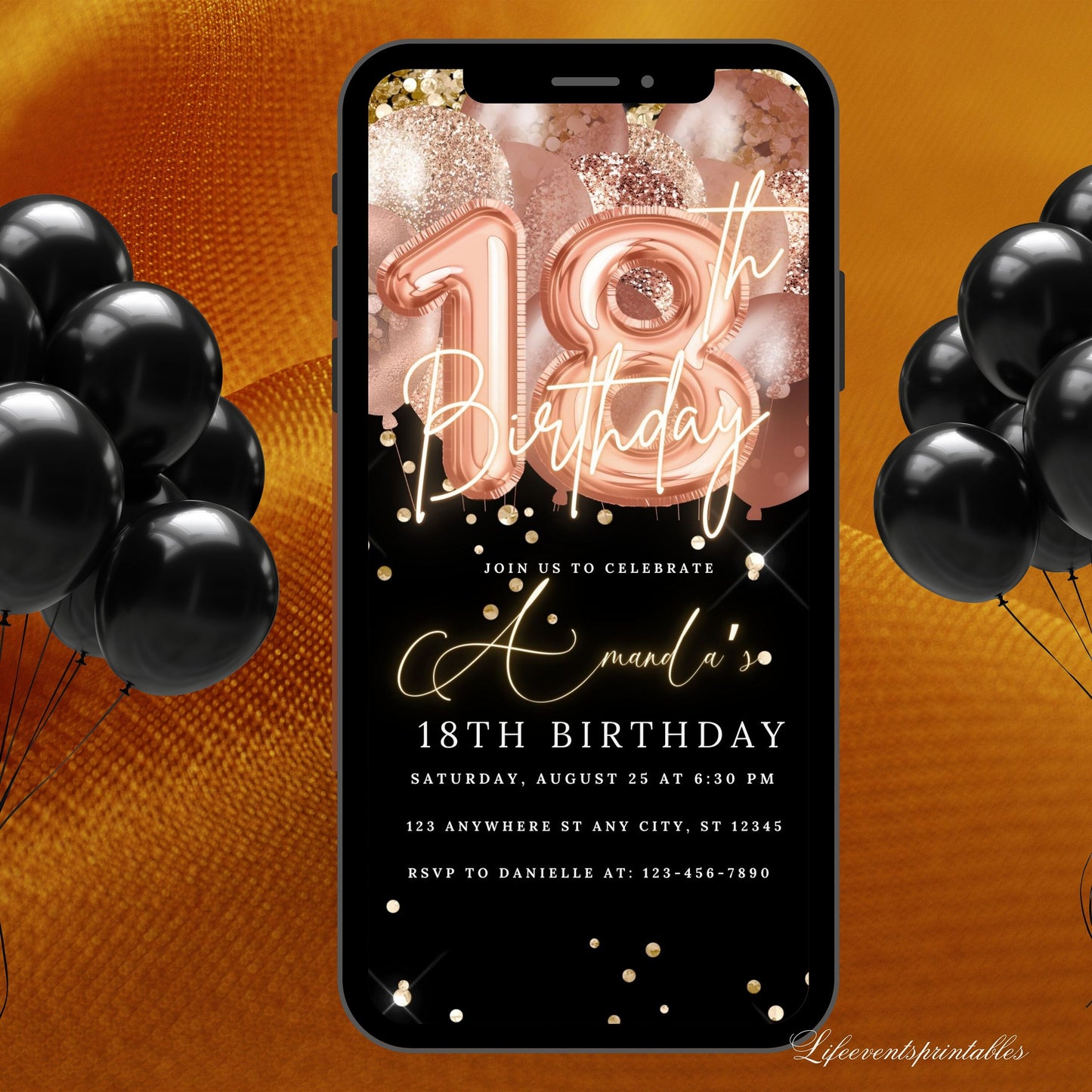 Digital 18th Birthday Invitation Template, Electronic 18th Party Invite, Rose Gold Neon Text Evite, Digital Invite Glitter, Birthday Party