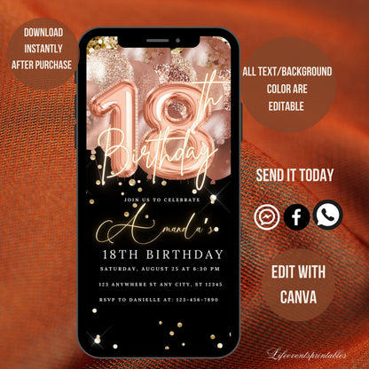 Digital 18th Birthday Invitation Template, Electronic 18th Party Invite, Rose Gold Neon Text Evite, Digital Invite Glitter, Birthday Party