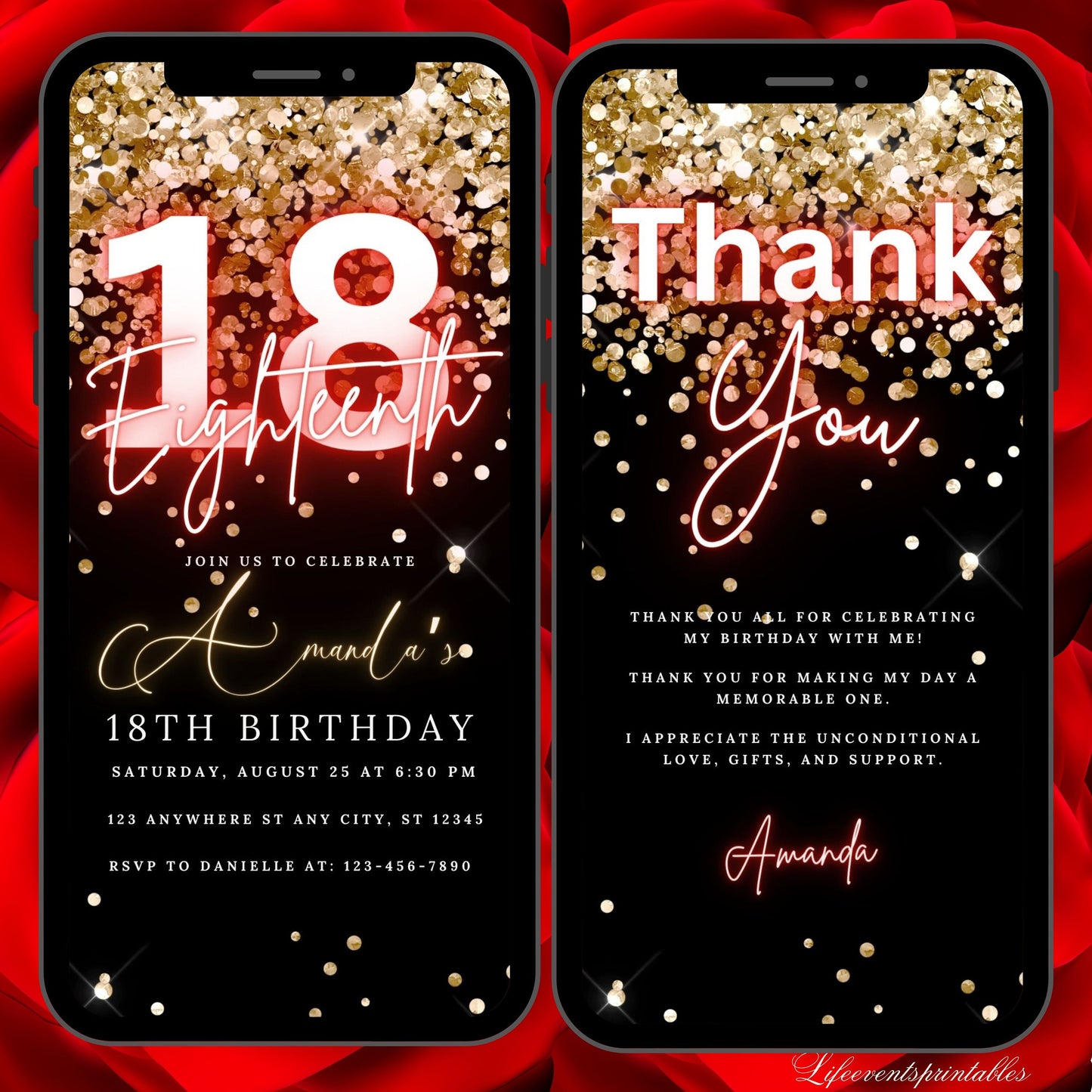 Digital 18th Birthday Invitation Template, Electronic 18th Party Invite, Rose Gold Neon Text Evite, Digital Invite Glitter, Birthday Party