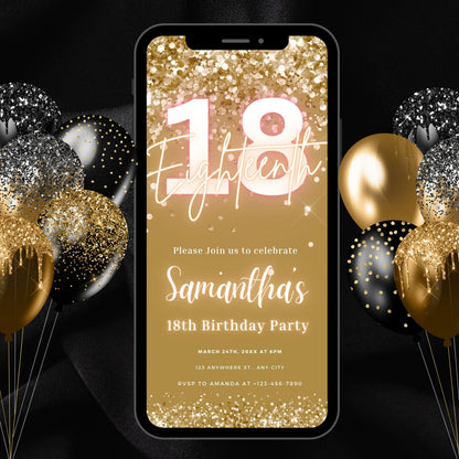 Digital 18th Birthday Invitation Template, Electronic 18th Party Invite, Brown Gold Neon Text Evite, Digital Invite Glitter, Birthday Party