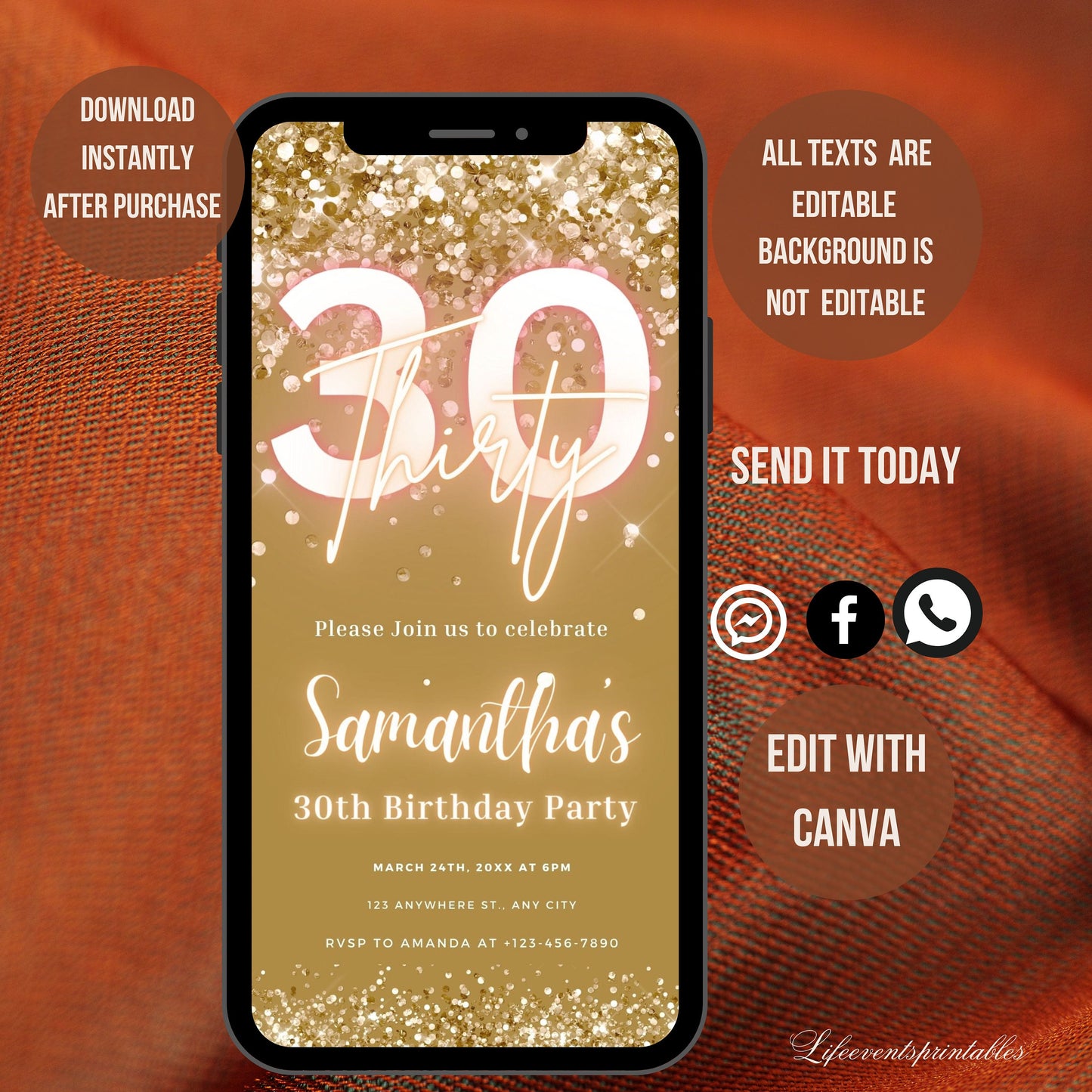 Thirty Birthday Invitation, 30th Birthday invite, Thirtieth E-Invite Template, Text Message Invitation, Digital Invite, Mobile Phone Evite