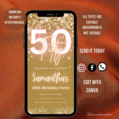 Digital 50th Birthday Invitation For Women, Editable 50th Invite Evite, Virtual Rustic Fifty Party Invite For Her, Birthday Invite For Her