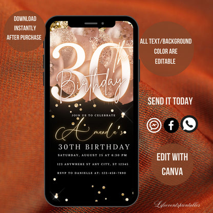 Thirty Birthday Invitation, 30th Birthday invite, Thirtieth E-Invite Template, Text Message Invitation, Digital Invite, Mobile Phone Evite