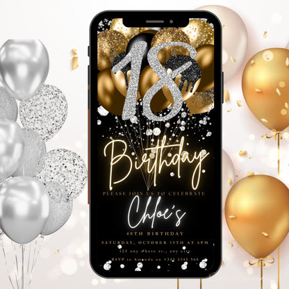 Digital 18th Birthday Invitation Template, Electronic 18th Party Invite, Rose Gold Neon Text Evite, Digital Invite Glitter, Birthday Party