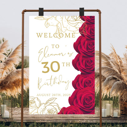 RED Floral Birthday Welcome Sign Boho Welcome Poster Birthday Party Decor Gold Customize Printable Sign Digital File Editable Poster