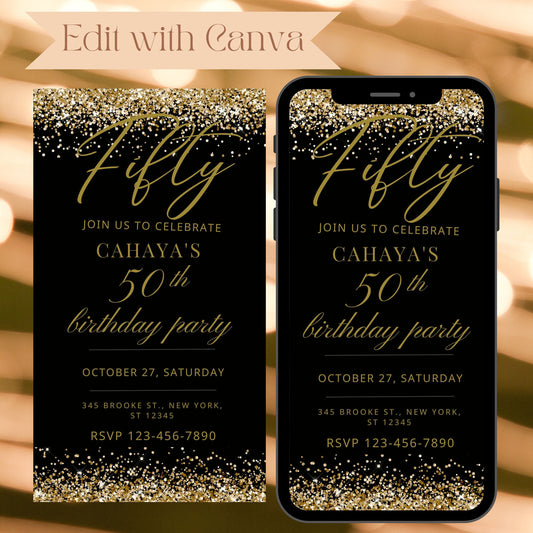 Editable 50th Birthday Invitation. Glitter Gold Neon Birthday Party Evite. Electronic Adult Fifty Birthday Party. Phone Text Evite. Any Age