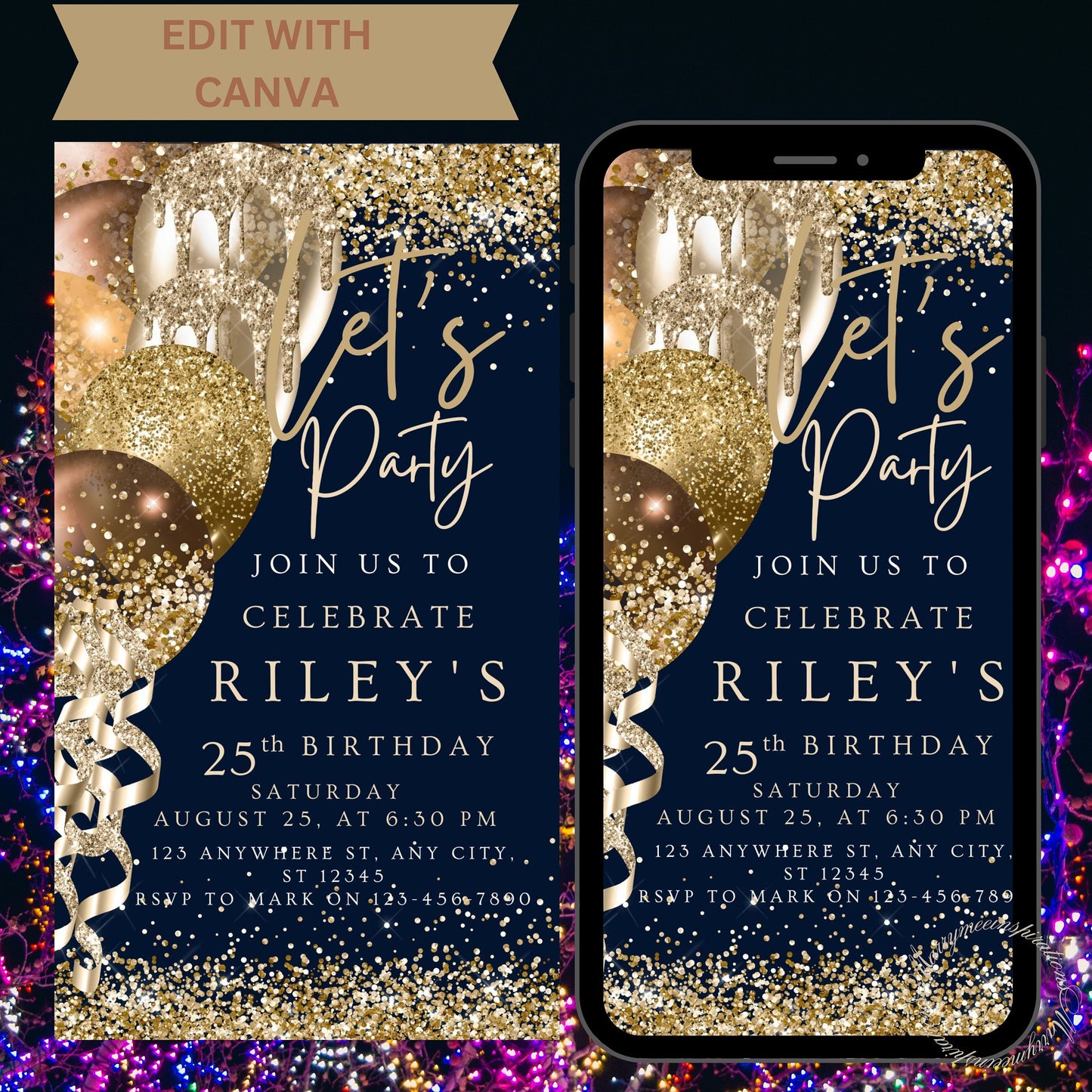 Digital Navy Gold Birthday Party Invitation, Electronic Navy Blue Gold Balloons Phone Text Message Evite, Editable Template Instant Download