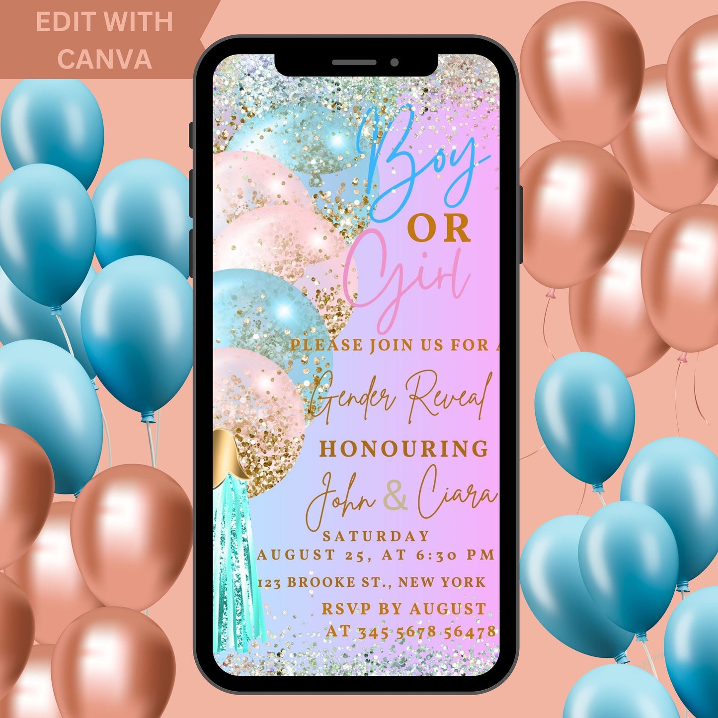 Digital Gender Reveal Invitation, Electronic Gender Reveal Evite, Balloon Gender Reveal, Baby Shower Party Invitation, Instant Download