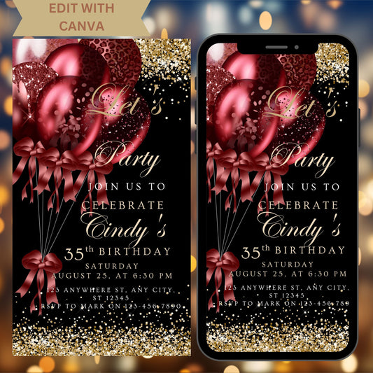 Digital Black Red Birthday Party Invitation, Red Silver Glitter Balloons, Mobile Phone Invitation, Editable Template, Instant Download