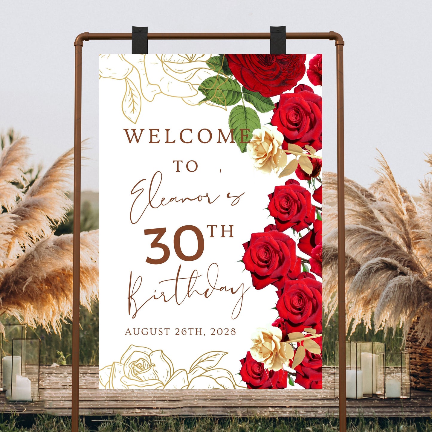 Red Floral Birthday Welcome Sign Printable | Floral Welcome Poster | Personalized Birthday Signage | Red Roses Birthday Decor | Red Roses