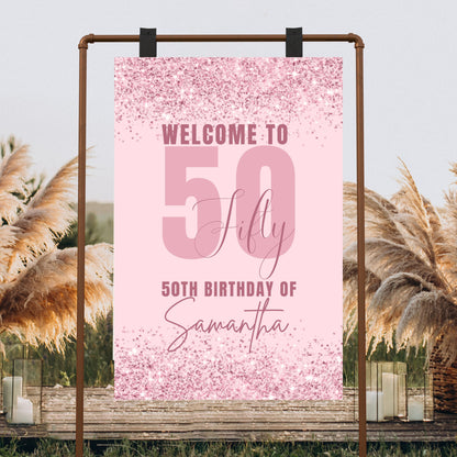 Editable 50th Fifty Birthday Party Welcome Sign, Printable Welcome Template, Birthday Welcome Sign Template, Rose Gold Pink Glittery Poster