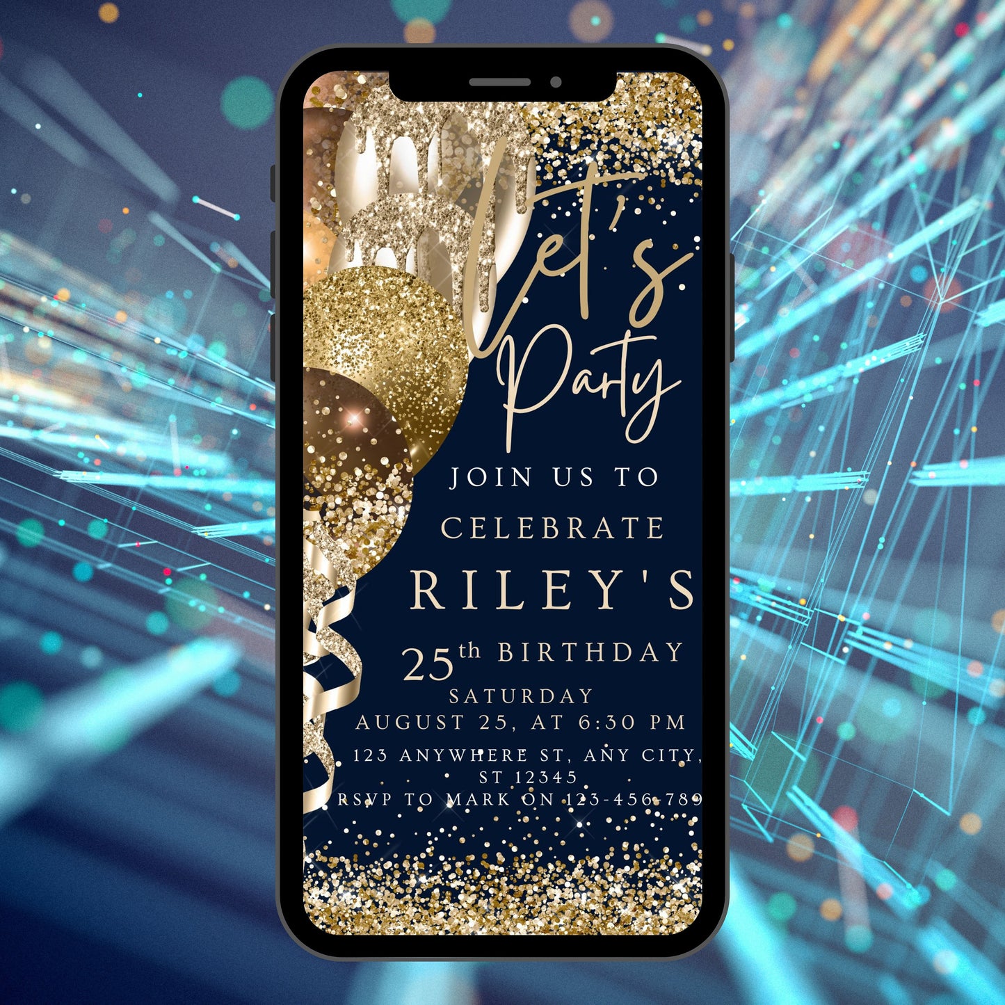 Digital Navy Gold Birthday Party Invitation, Electronic Navy Blue Gold Balloons Phone Text Message Evite, Editable Template Instant Download