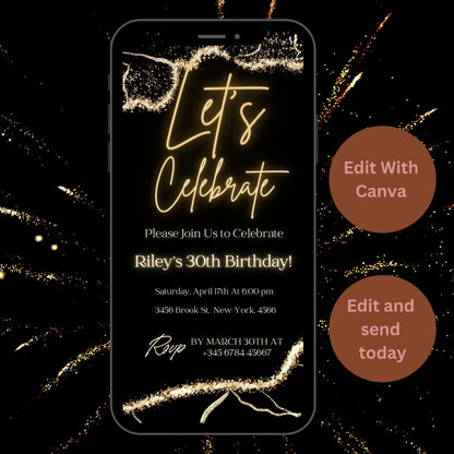 Digital Birthday Invitation Template, Electronic Birthday Invitation Gold, Digital Download, Text Message Invite, Editable Text ANY AGE