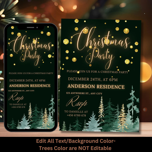 Elegant Green Christmas Party Invitation, Editable Christmas Tree Party Invite, Christmas Party Evite, Digital Printable Template Download