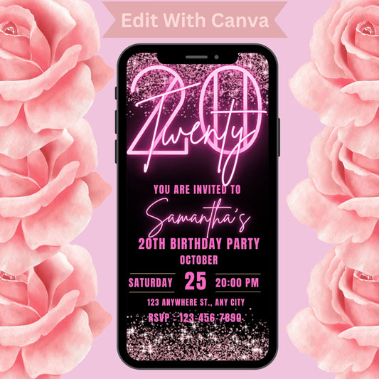 20th Birthday Invitation for girl, Birthday Template, Glittery Bday Pink Neon Light Instant Download Invites, 20 Twentieth Editable Template