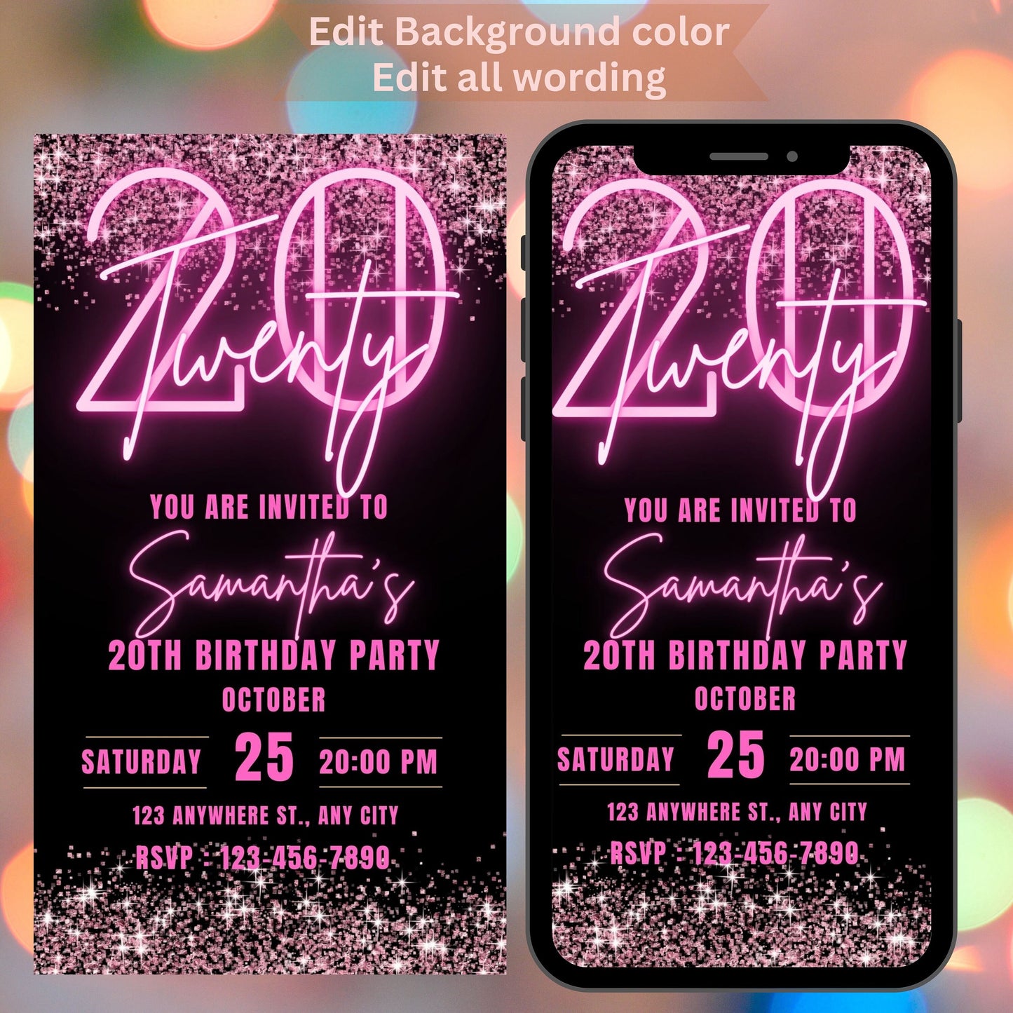 20th Birthday Invitation for girl, Birthday Template, Glittery Bday Pink Neon Light Instant Download Invites, 20 Twentieth Editable Template