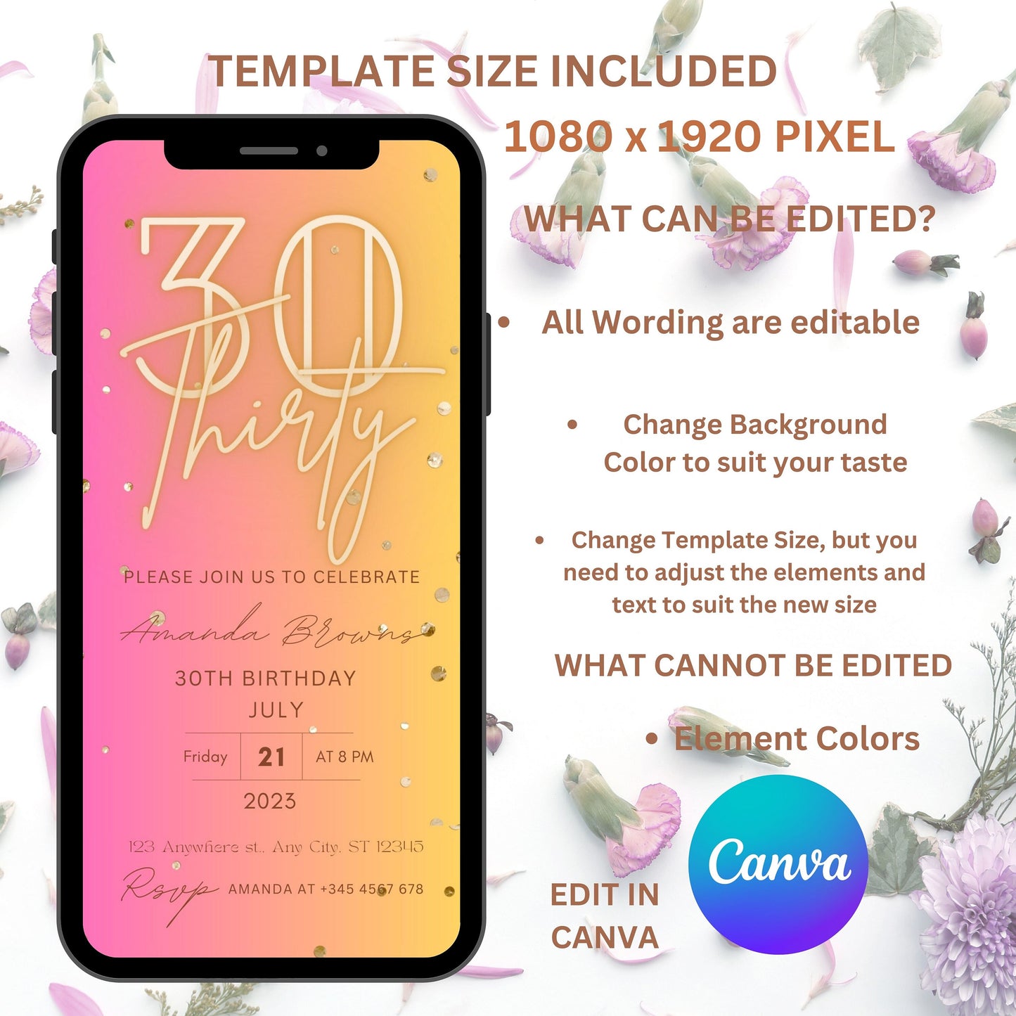 30th Birthday Invitation for Women, 30th Birthday Electronic Invitation, Neon, Editable Invitation, Iphone invite, Thirty Birthday Invite