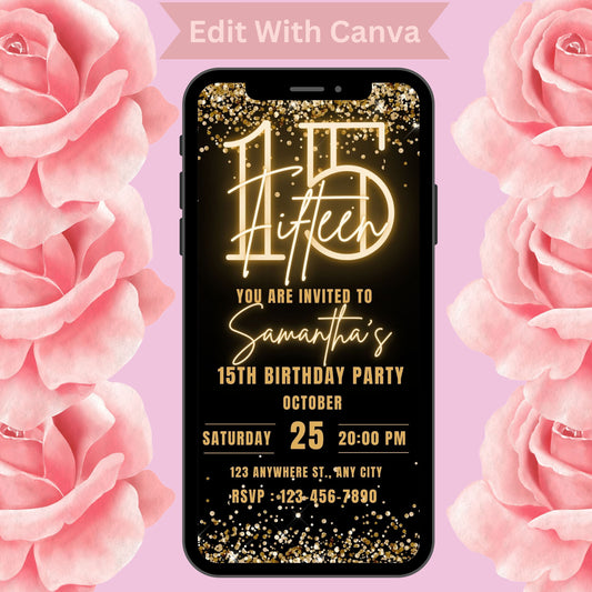 Neon 15th Birthday Invitation Template Editable