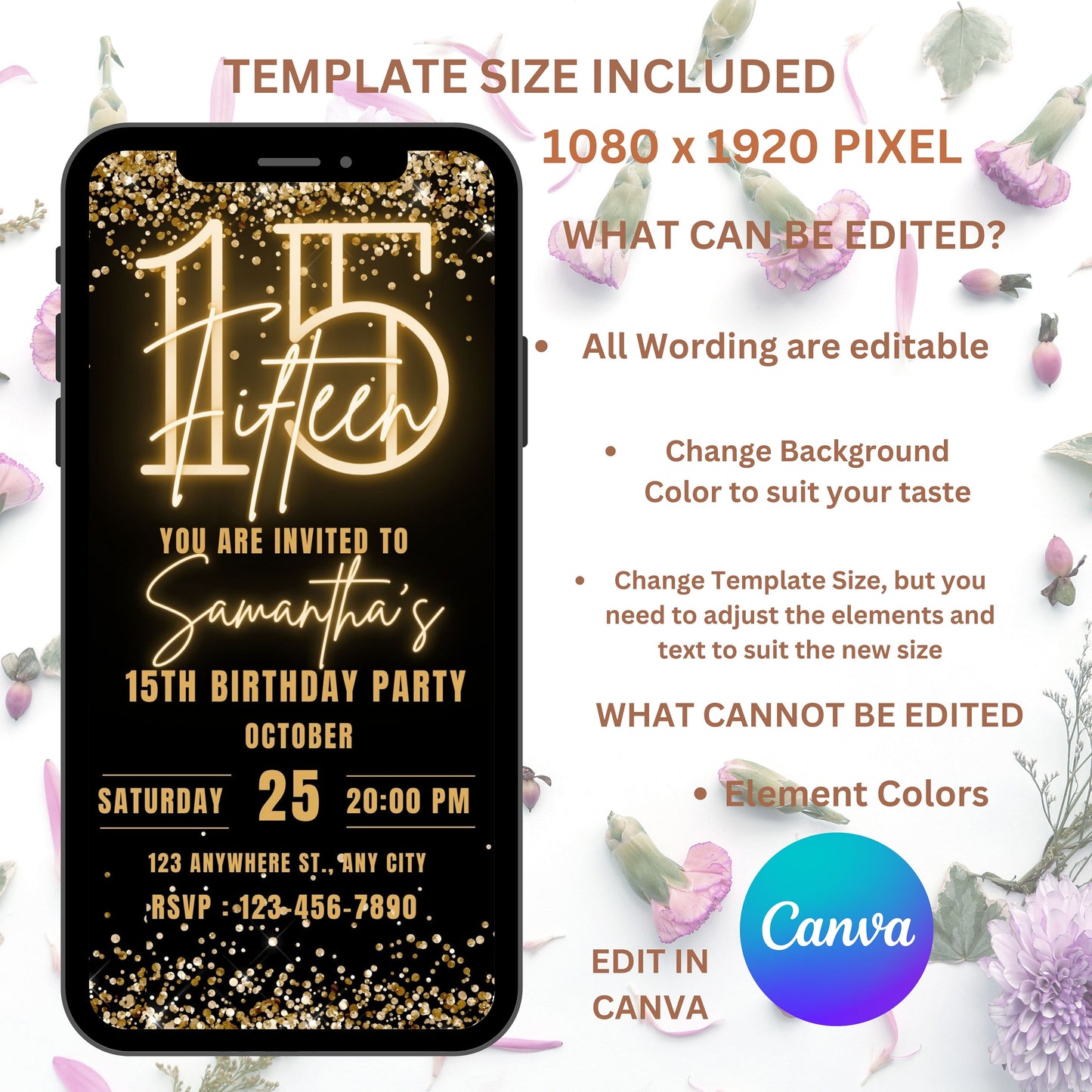 15th Birthday Invitation for girl, Birthday Template, Teen Bday, Pink Neon Light, Instant Download Invites, 15, Fifteen, Editable Template