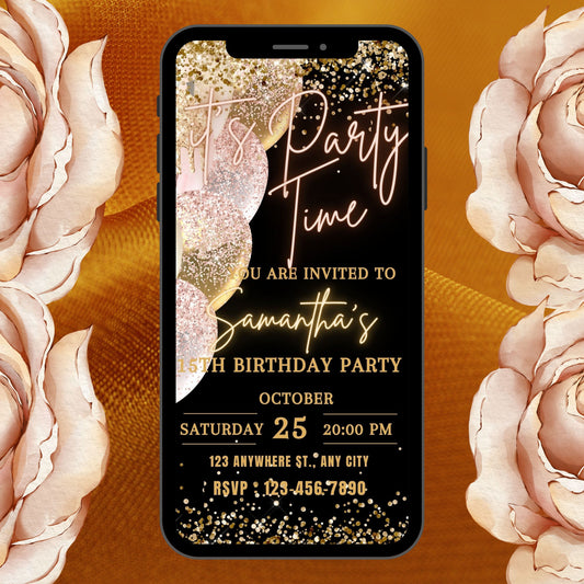 Digital Birthday Invitation Template, Electronic Birthday Invite Black Gold Neon Digital Download, Text Message Invite Editable Text ANY AGE