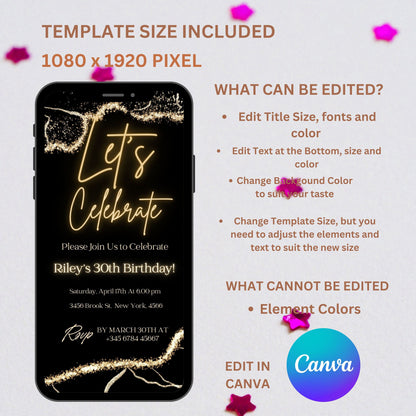 Digital Birthday Invitation Template, Electronic Birthday Invitation Gold, Digital Download, Text Message Invite, Editable Text ANY AGE