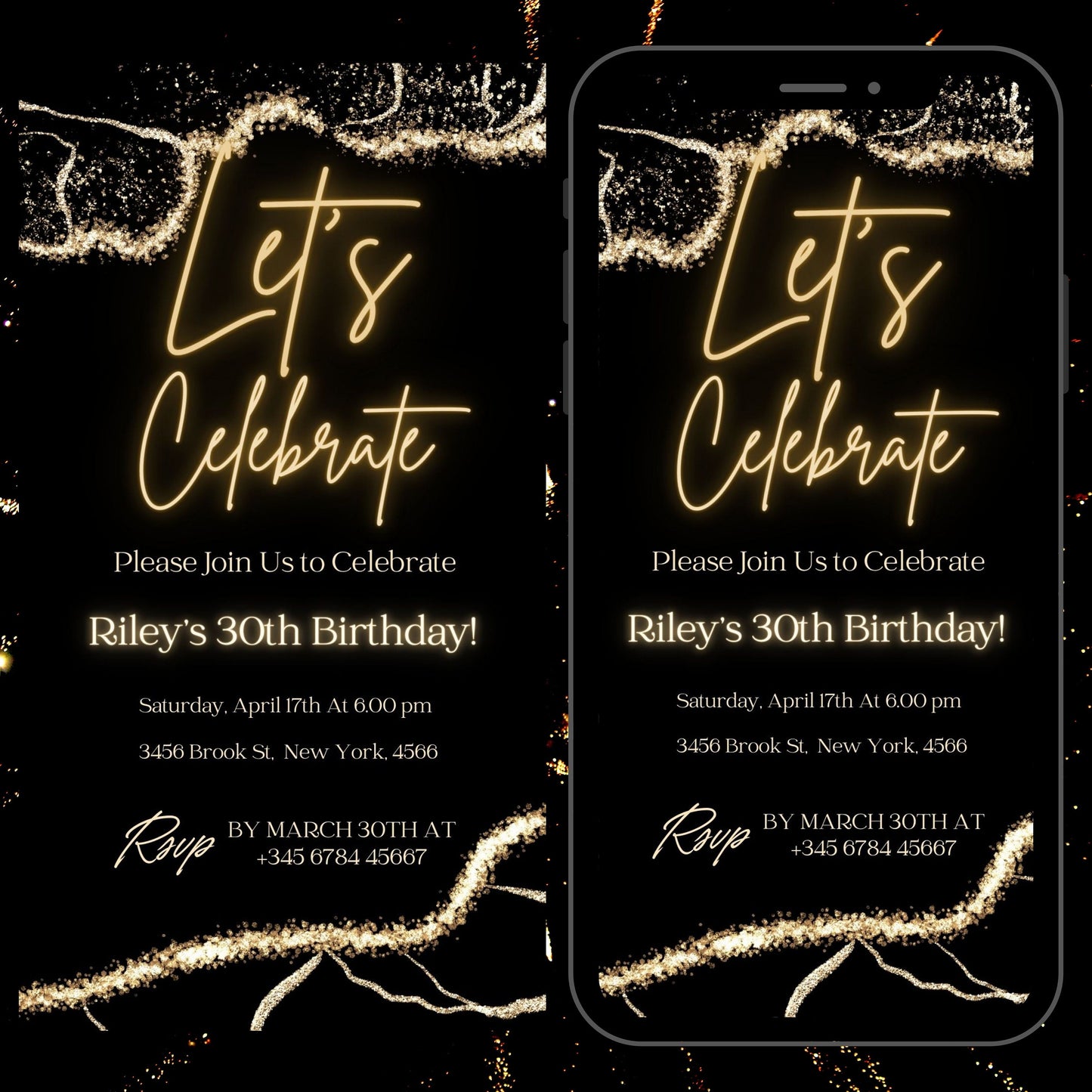 Digital Birthday Invitation Template, Electronic Birthday Invitation Gold, Digital Download, Text Message Invite, Editable Text ANY AGE